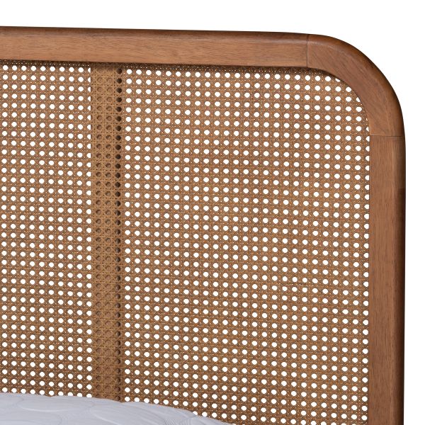 Elston Mid-Century Modern Walnut Brown Finished Wood and Synthetic Rattan King Size Platform Bed