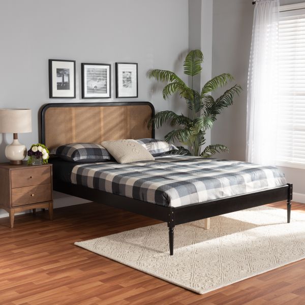 Elston Mid-Century Modern Charcoal Finished Wood and Synthetic Rattan Queen Size Platform Bed