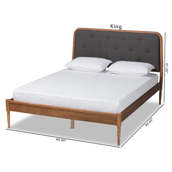 Diantha Classic and Traditional Dark Grey Fabric Upholstered and Walnut Brown Finished Wood Full Size Platform Bed