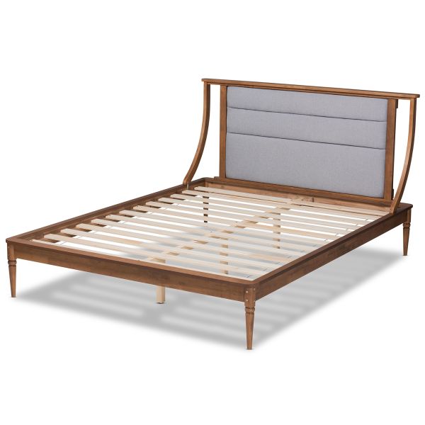 Regis Modern and Contemporary Transitional Light Grey Fabric Upholstered and Walnut Brown Finished Wood King Size Platform Bed