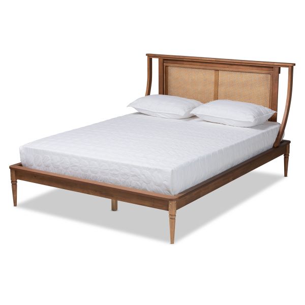Jamila Modern Transitional Walnut Brown Finished Wood and Synthetic Rattan Queen Size Platform Bed