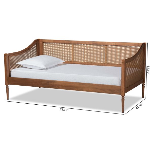 Ogden Mid-Century Modern Walnut Brown Finished Wood and Synthetic Rattan Twin Size Daybed