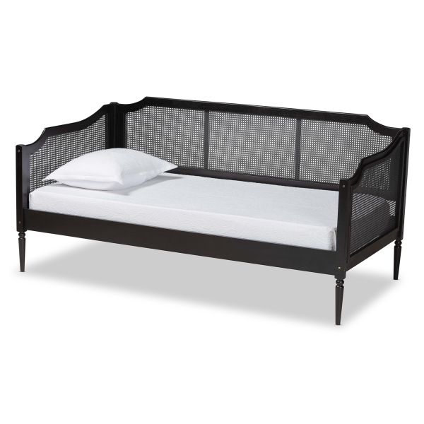 Hancock Mid-Century Modern Charcoal Finished Wood and Synthetic Rattan Twin Size Daybed