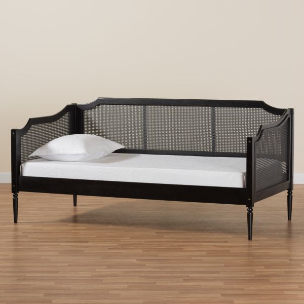 Hancock Mid-Century Modern Charcoal Finished Wood and Synthetic Rattan Twin Size Daybed