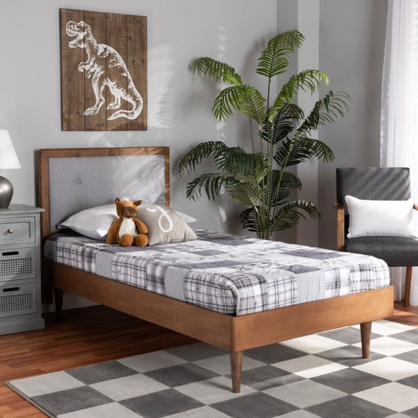 Saul Mid-Century Modern Light Grey Fabric Upholstered and Walnut Brown Finished Wood Twin Size Platform Bed