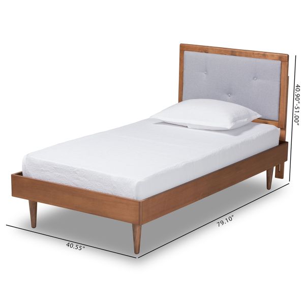 Saul Mid-Century Modern Light Grey Fabric Upholstered and Walnut Brown Finished Wood Twin Size Platform Bed