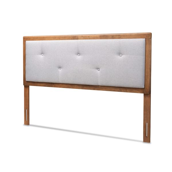 Abner Modern and Contemporary Transitional Light Grey Fabric Upholstered and Walnut Brown Finished Wood Queen Size Headboard