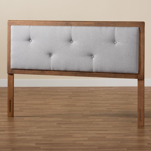 Abner Modern and Contemporary Transitional Light Grey Fabric Upholstered and Walnut Brown Finished Wood King Size Headboard