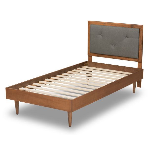 Saul Mid-Century Modern Dark Grey Fabric Upholstered and Walnut Brown Finished Wood Twin Size Platform Bed