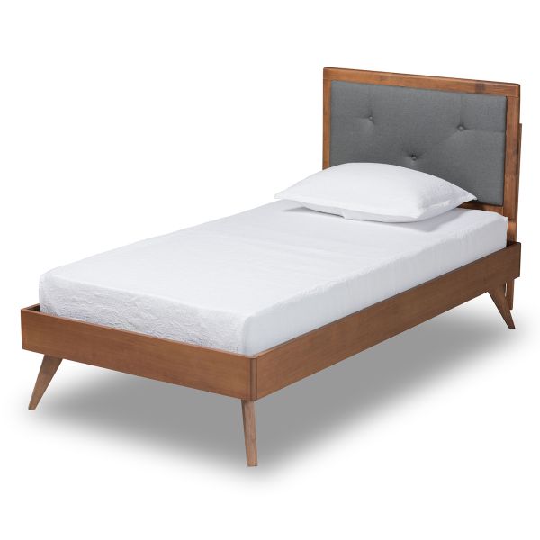 Laima Mid-Century Modern Dark Grey Fabric Upholstered and Walnut Brown Finished Wood Twin Size Platform Bed