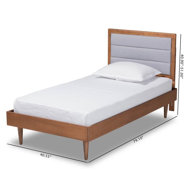 Seren Mid-Century Modern Light Grey Fabric Upholstered and Walnut Brown Finished Wood Twin Size Platform Bed