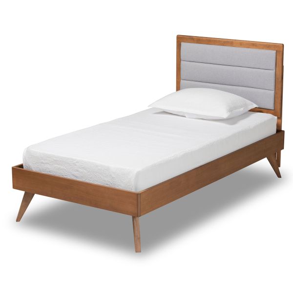 Linn Mid-Century Modern Light Grey Fabric Upholstered and Walnut Brown Finished Wood Twin Size Platform Bed