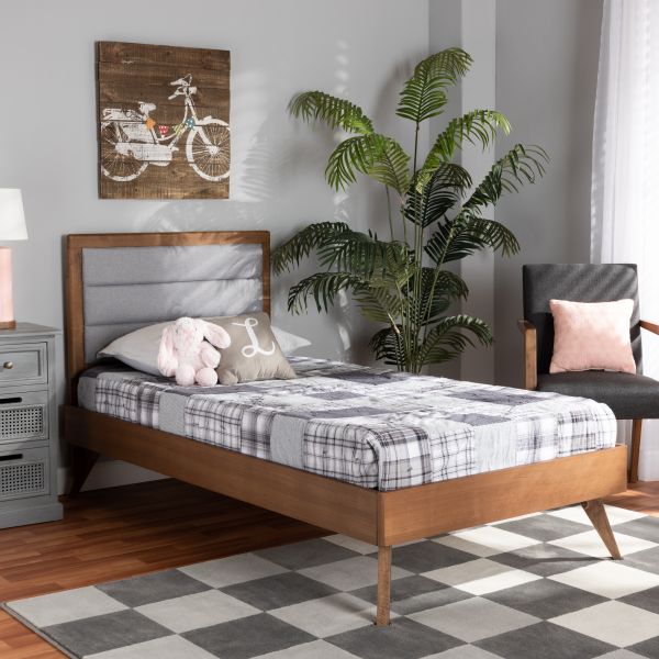 Linn Mid-Century Modern Light Grey Fabric Upholstered and Walnut Brown Finished Wood Twin Size Platform Bed
