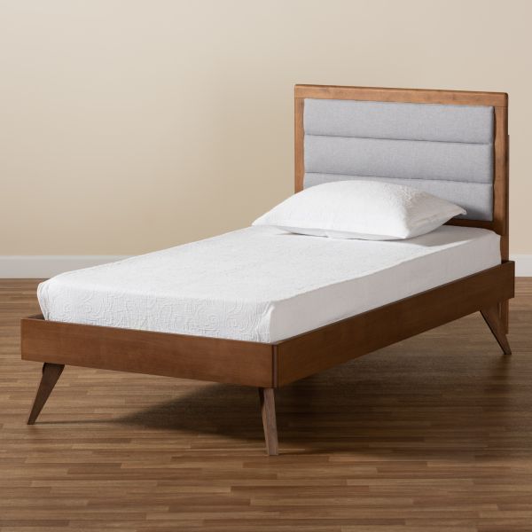 Linn Mid-Century Modern Light Grey Fabric Upholstered and Walnut Brown Finished Wood Twin Size Platform Bed