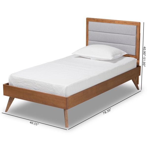 Linn Mid-Century Modern Light Grey Fabric Upholstered and Walnut Brown Finished Wood Twin Size Platform Bed