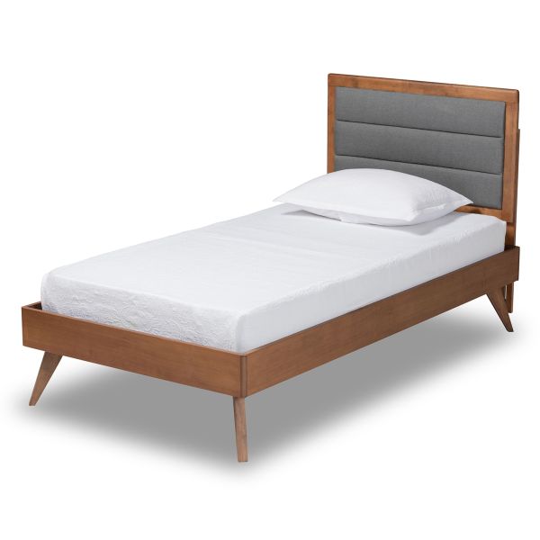 Linn Mid-Century Modern Dark Grey Fabric Upholstered and Walnut Brown Finished Wood Twin Size Platform Bed