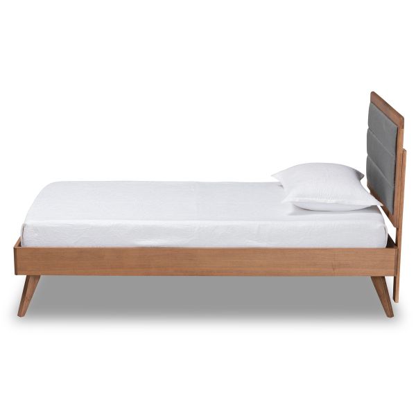 Linn Mid-Century Modern Dark Grey Fabric Upholstered and Walnut Brown Finished Wood Twin Size Platform Bed