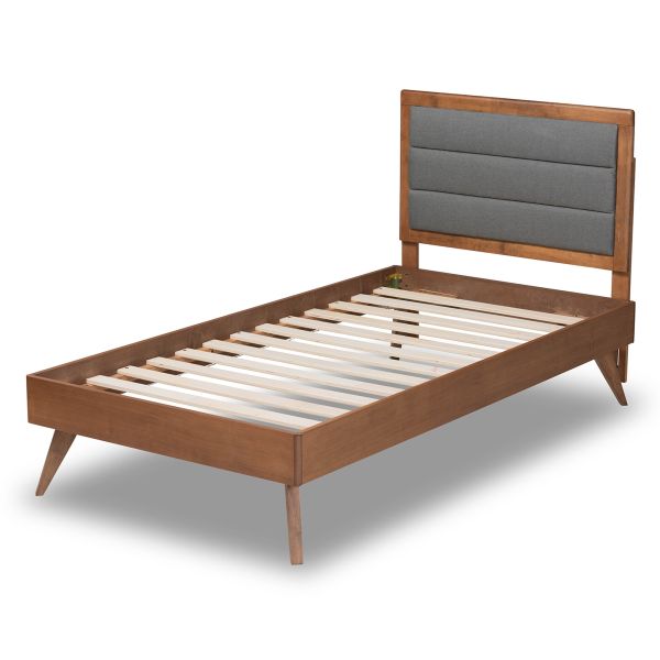 Linn Mid-Century Modern Dark Grey Fabric Upholstered and Walnut Brown Finished Wood Twin Size Platform Bed
