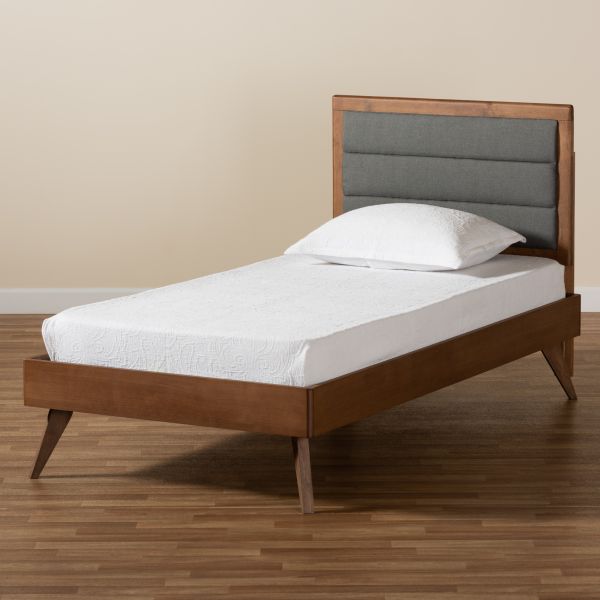 Linn Mid-Century Modern Dark Grey Fabric Upholstered and Walnut Brown Finished Wood Twin Size Platform Bed