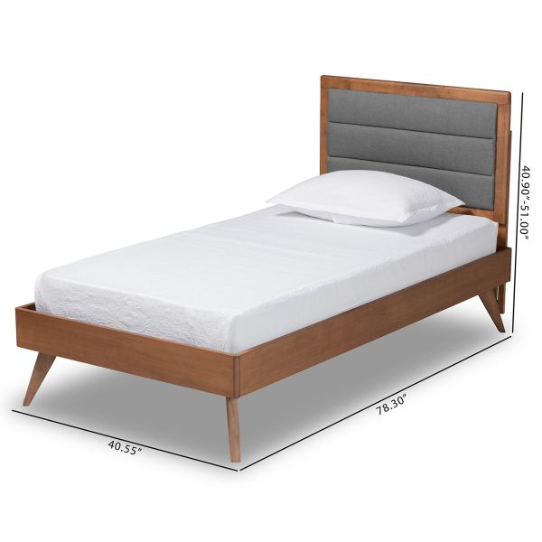 Linn Mid-Century Modern Dark Grey Fabric Upholstered and Walnut Brown Finished Wood Twin Size Platform Bed