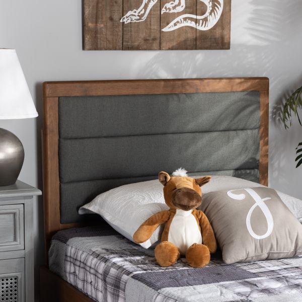 Dexter Modern and Contemporary Dark Grey Fabric Upholstered and Walnut Brown Finished Wood Twin Size Headboard