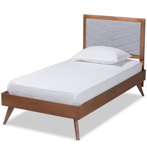 Roze Mid-Century Modern Light Grey Fabric Upholstered and Walnut brown Finished Wood Twin Size Platform Bed