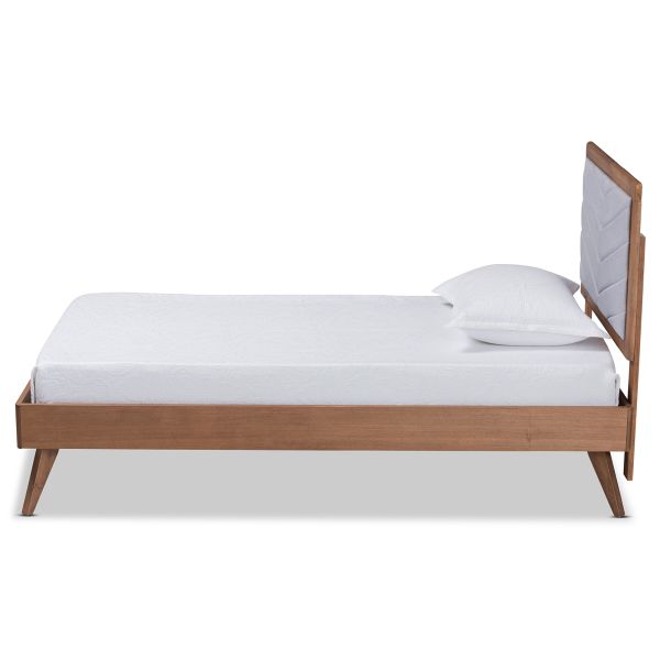 Roze Mid-Century Modern Light Grey Fabric Upholstered and Walnut brown Finished Wood Twin Size Platform Bed
