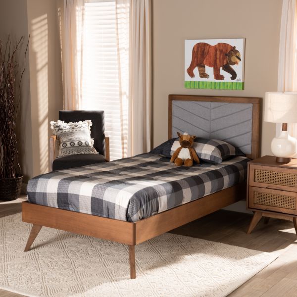 Roze Mid-Century Modern Light Grey Fabric Upholstered and Walnut brown Finished Wood Twin Size Platform Bed