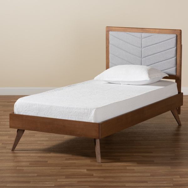 Roze Mid-Century Modern Light Grey Fabric Upholstered and Walnut brown Finished Wood Twin Size Platform Bed