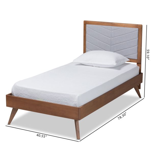 Roze Mid-Century Modern Light Grey Fabric Upholstered and Walnut brown Finished Wood Twin Size Platform Bed