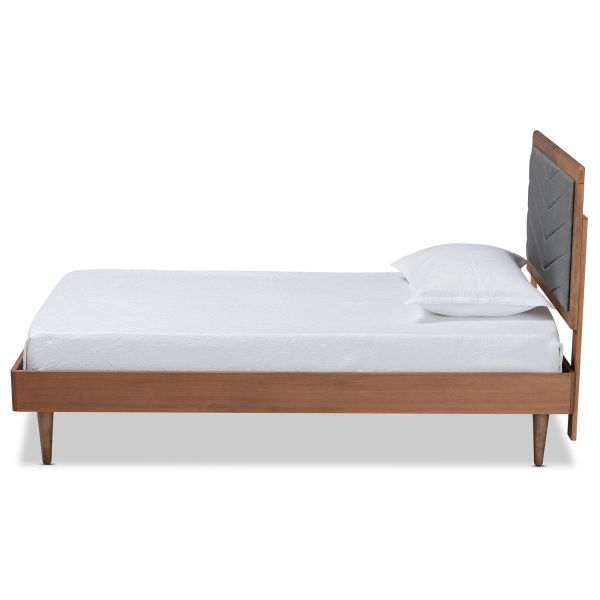 Tasha Mid-Century Modern Dark Grey Fabric Upholstered and Walnut brown Finished Wood Twin Size Platform Bed