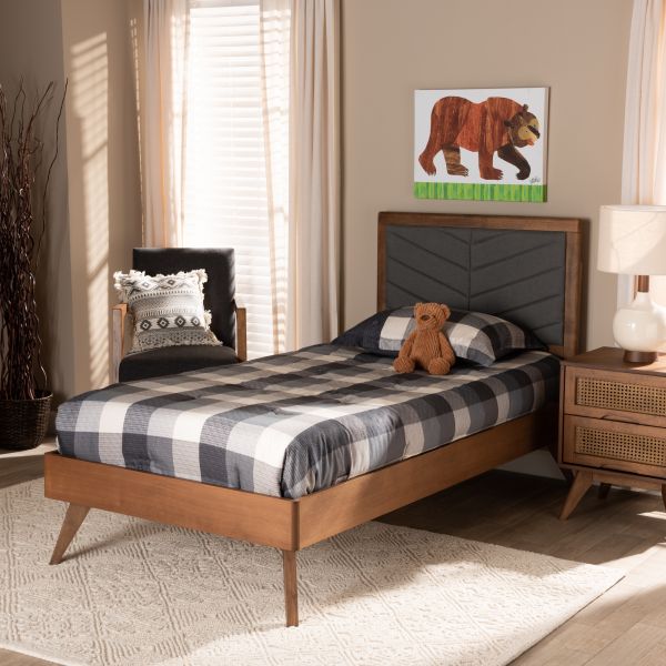 Roze Mid-Century Modern Dark Grey Fabric Upholstered and Walnut brown Finished Wood Twin Size Platform Bed