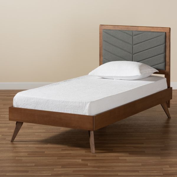 Roze Mid-Century Modern Dark Grey Fabric Upholstered and Walnut brown Finished Wood Twin Size Platform Bed