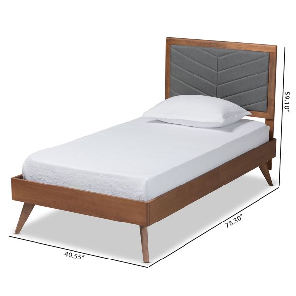 Roze Mid-Century Modern Dark Grey Fabric Upholstered and Walnut brown Finished Wood Twin Size Platform Bed