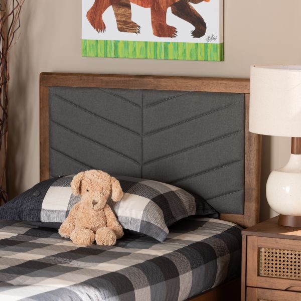 Iden Modern and Contemporary Dark Grey Fabric Upholstered and Walnut Brown Finished Wood Twin Size Headboard