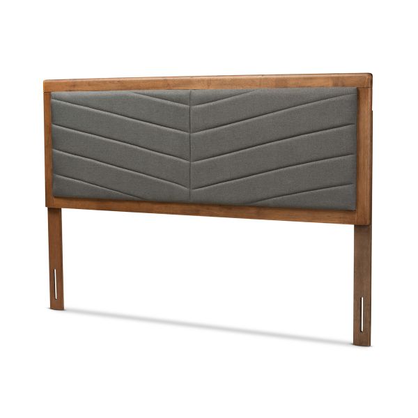 Iden Modern and Contemporary Dark Grey Fabric Upholstered and Walnut Brown Finished Wood Queen Size Headboard