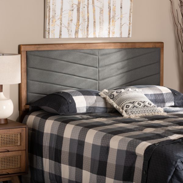 Iden Modern and Contemporary Dark Grey Fabric Upholstered and Walnut Brown Finished Wood Queen Size Headboard