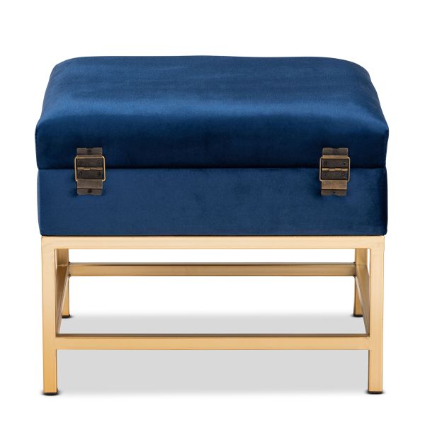 Aliana Glam and Luxe Navy Blue Velvet Fabric Upholstered and Gold Finished Metal Small Storage Ottoman 