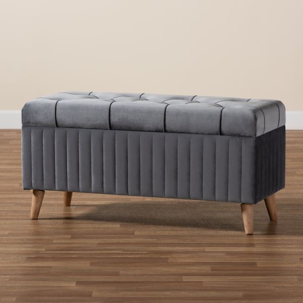 Hanley Modern and Contemporary Grey Velvet Fabric Upholstered and Walnut Brown Finished Wood Storage Ottoman