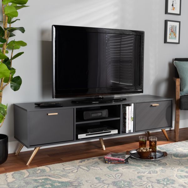 Kelson Modern and Contemporary Dark Grey and Gold Finished Wood TV Stand