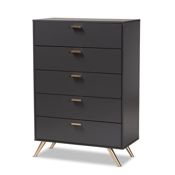 Kelson Modern and Contemporary Dark Grey and Gold Finished Wood 5-Drawer Chest