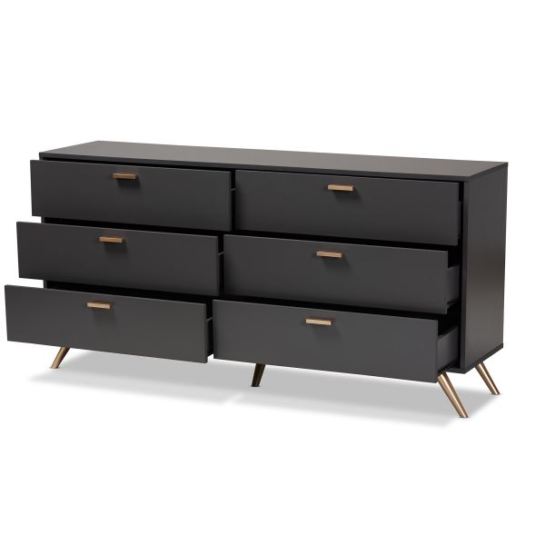 Kelson Modern and Contemporary Dark Grey and Gold Finished Wood 6-Drawer Dresser