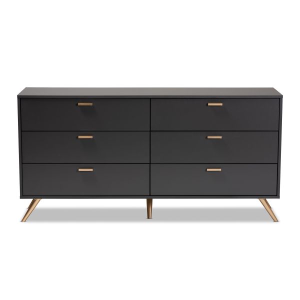Kelson Modern and Contemporary Dark Grey and Gold Finished Wood 6-Drawer Dresser