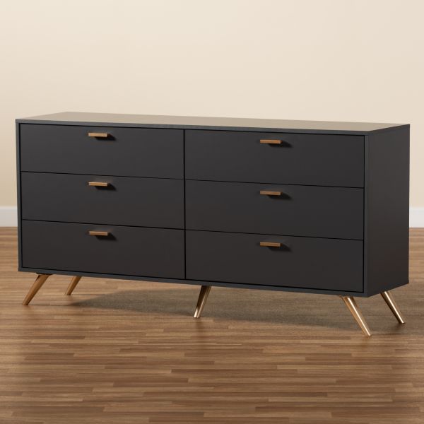 Kelson Modern and Contemporary Dark Grey and Gold Finished Wood 6-Drawer Dresser