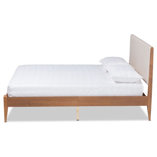 Lenora Mid-Century Modern Beige Fabric Upholstered and Walnut Brown Finished Wood Full Size Platform Bed