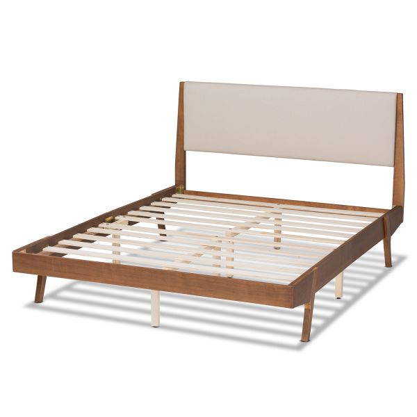 Senna Mid-Century Modern Beige Fabric Upholstered and Walnut Brown Finished Wood Full Size Platform Bed