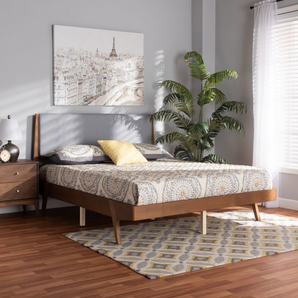 Senna Mid-Century Modern Grey Fabric Upholstered and Walnut Brown Finished Wood King Size Platform Bed