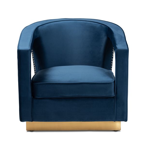 Neville Modern Luxe and Glam Navy Blue Velvet Fabric Upholstered and Gold Finished Metal Armchair