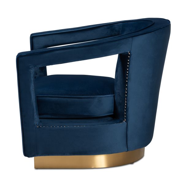 Neville Modern Luxe and Glam Navy Blue Velvet Fabric Upholstered and Gold Finished Metal Armchair