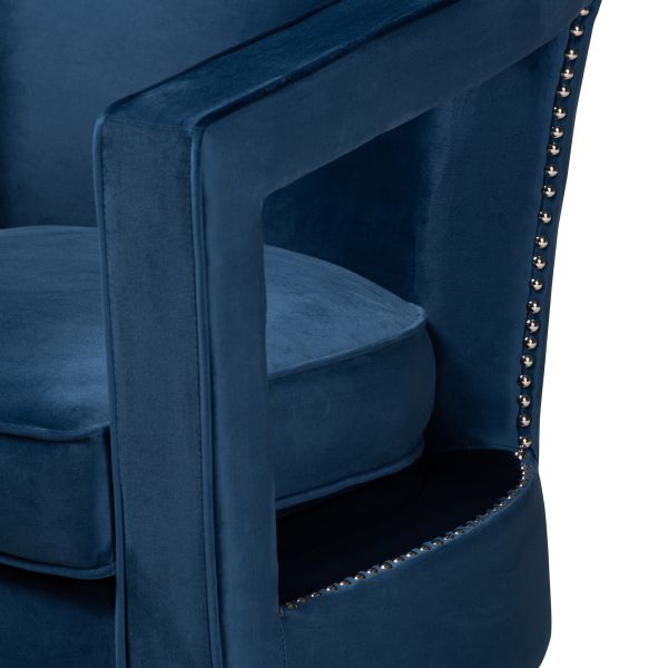 Neville Modern Luxe and Glam Navy Blue Velvet Fabric Upholstered and Gold Finished Metal Armchair